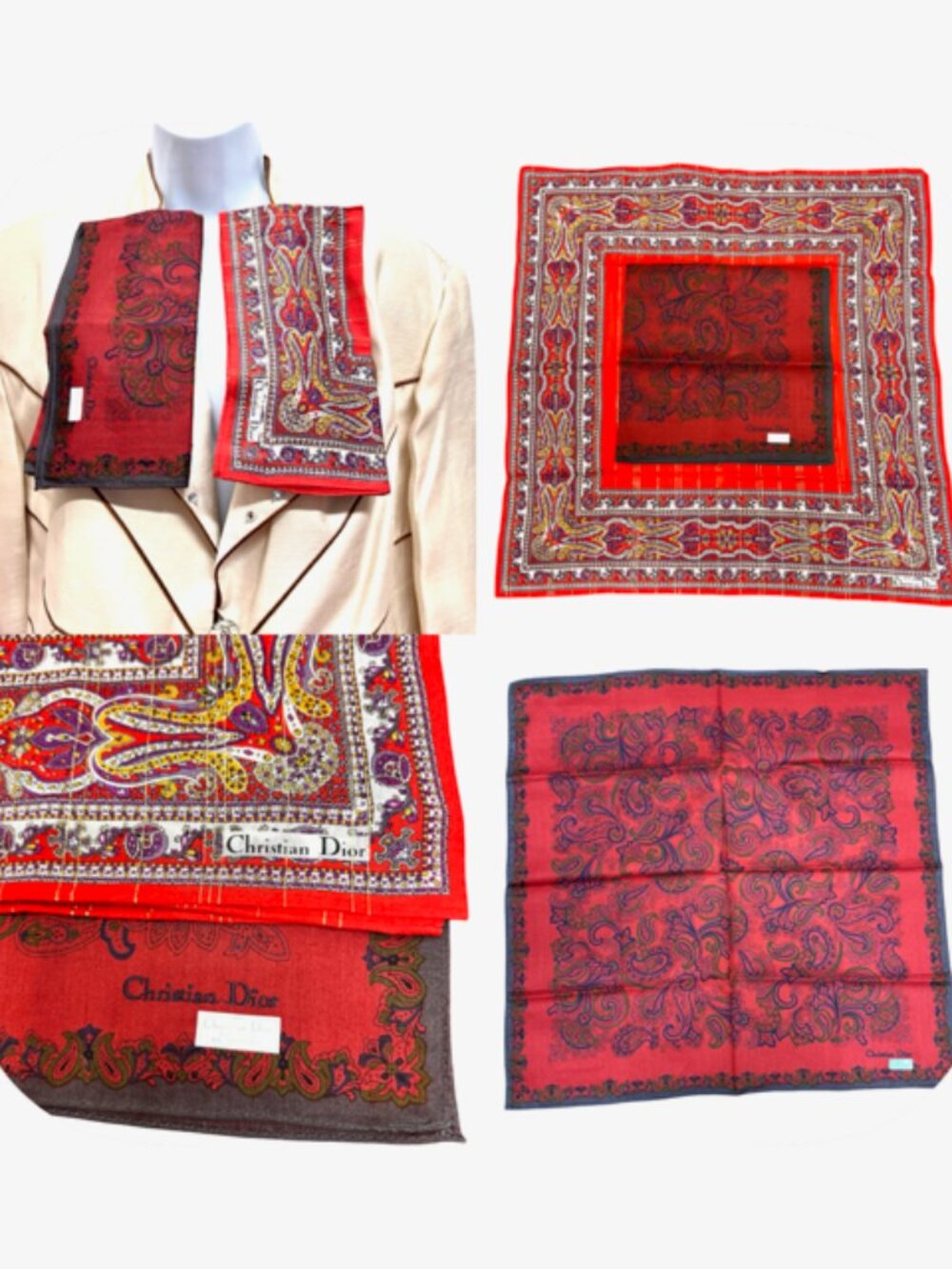 2)  New - Christian Dior  cotton made 19  Mini scarf/Neck-kerchief red floral(44 - Picture 7 of 14